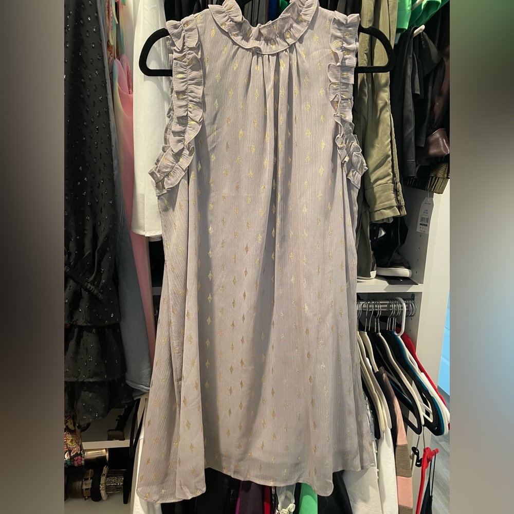 Shift dress with metallic and ruffle details